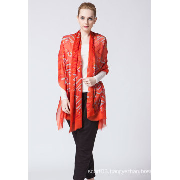 Lady Red Gemotric Pattern 100s 100% Wool Shawls